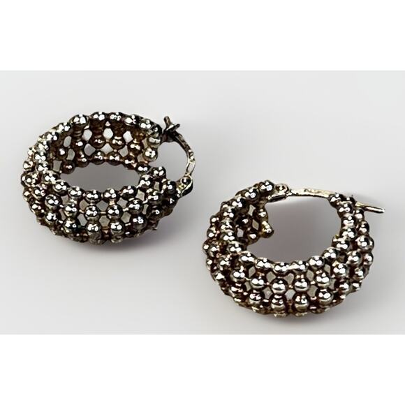 Sterling Silver Beaded Hoop Earrings – Ball Bead Granulated Design – Italy- 6.0g - Picture 5 of 13